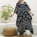 Black Ethnic Aztec Pattern Print Silk V-Neck Kaftan Dress
