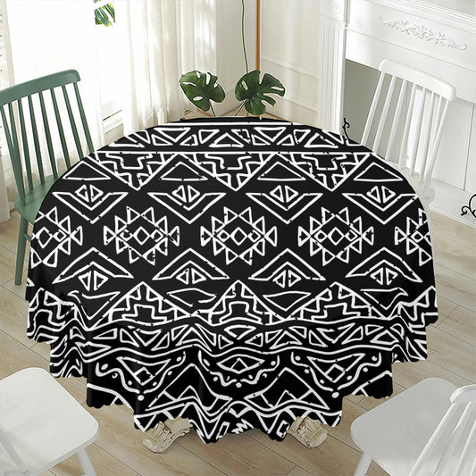 Black Ethnic Aztec Pattern Print Waterproof Round Tablecloth