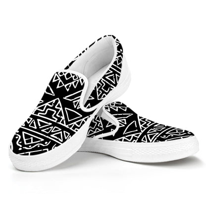 Black Ethnic Aztec Pattern Print White Slip On Sneakers