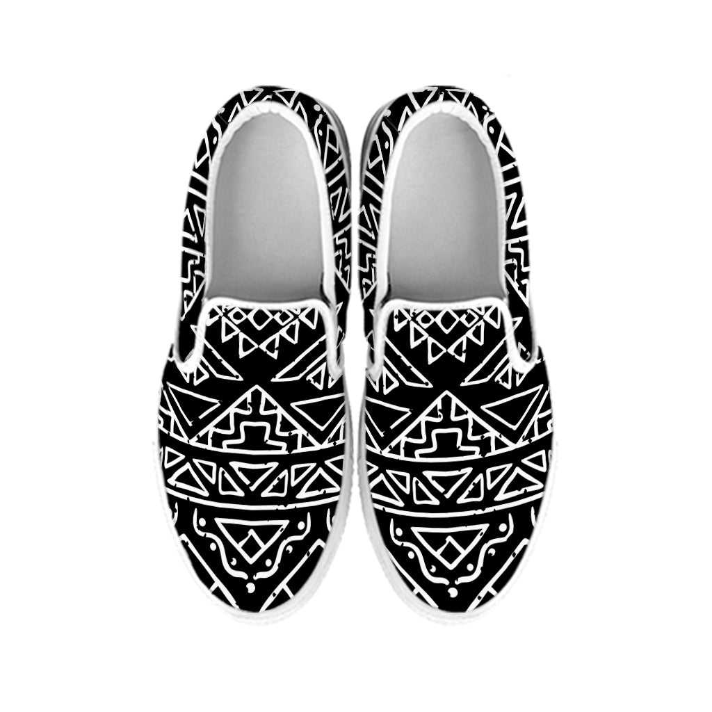 Black Ethnic Aztec Pattern Print White Slip On Sneakers