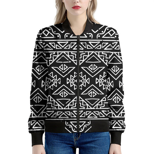 Black Ethnic Aztec Pattern Print Women's Bomber Jacket