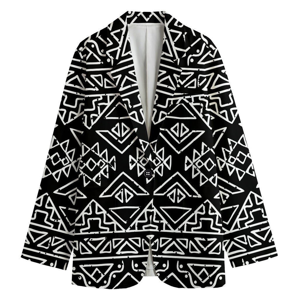 Black Ethnic Aztec Pattern Print Women's Cotton Blazer