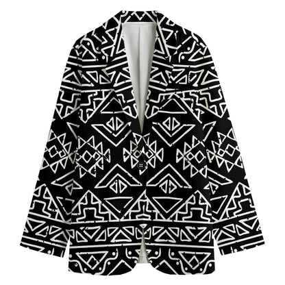 Black Ethnic Aztec Pattern Print Women's Cotton Blazer