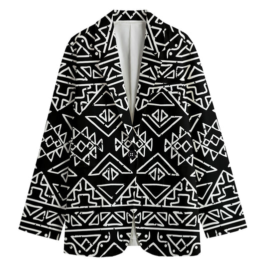 Black Ethnic Aztec Pattern Print Women's Cotton Blazer