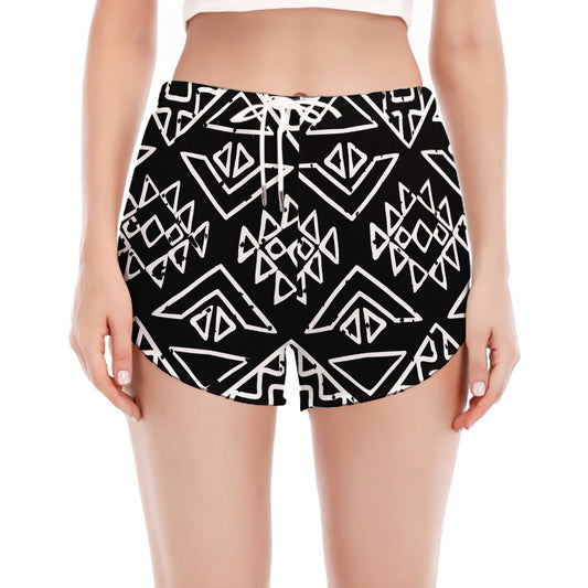 Black Ethnic Aztec Pattern Print Women's Split Running Shorts