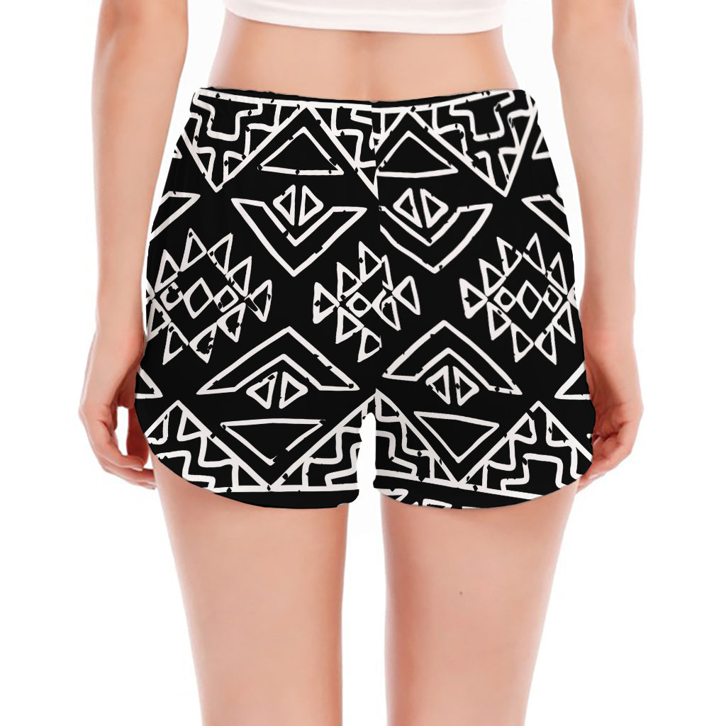 Black Ethnic Aztec Pattern Print Women's Split Running Shorts