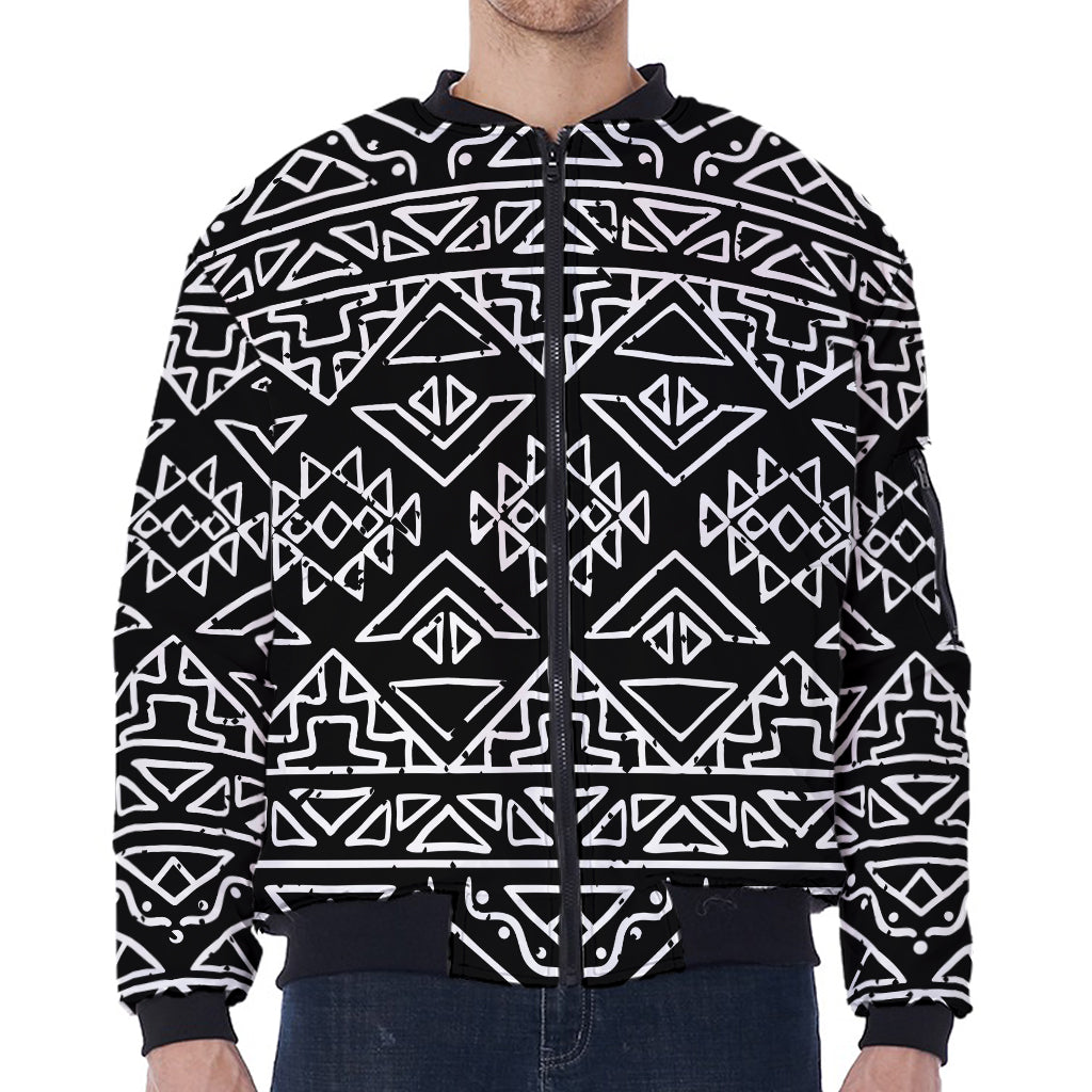 Black Ethnic Aztec Pattern Print Zip Sleeve Bomber Jacket