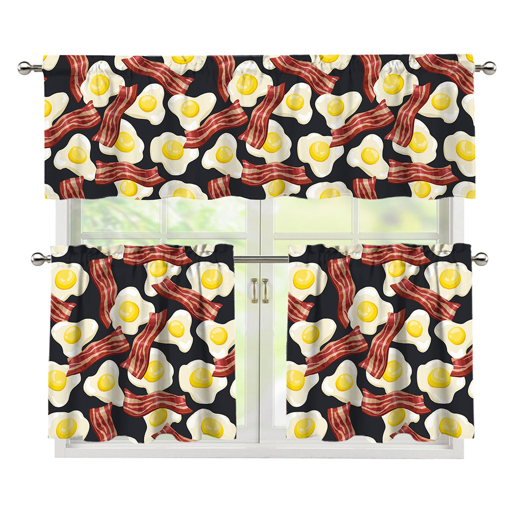 Black Fried Egg And Bacon Pattern Print 3 Piece Kitchen Curtains