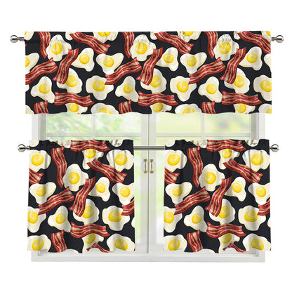 Black Fried Egg And Bacon Pattern Print 3 Piece Kitchen Curtains