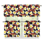 Black Fried Egg And Bacon Pattern Print 3 Piece Kitchen Curtains