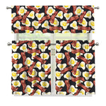 Black Fried Egg And Bacon Pattern Print 3 Piece Kitchen Curtains
