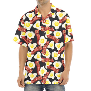 Black Fried Egg And Bacon Pattern Print Aloha Shirt