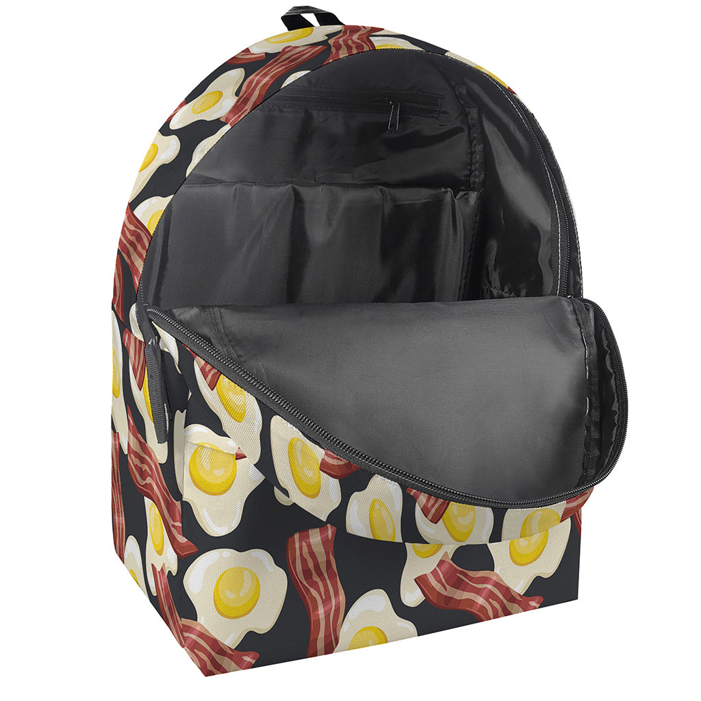 Black Fried Egg And Bacon Pattern Print Backpack