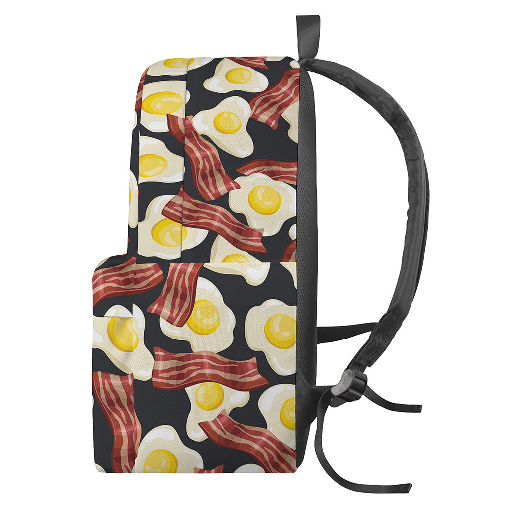 Black Fried Egg And Bacon Pattern Print Backpack