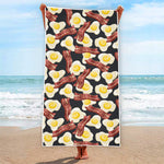 Black Fried Egg And Bacon Pattern Print Beach Towel