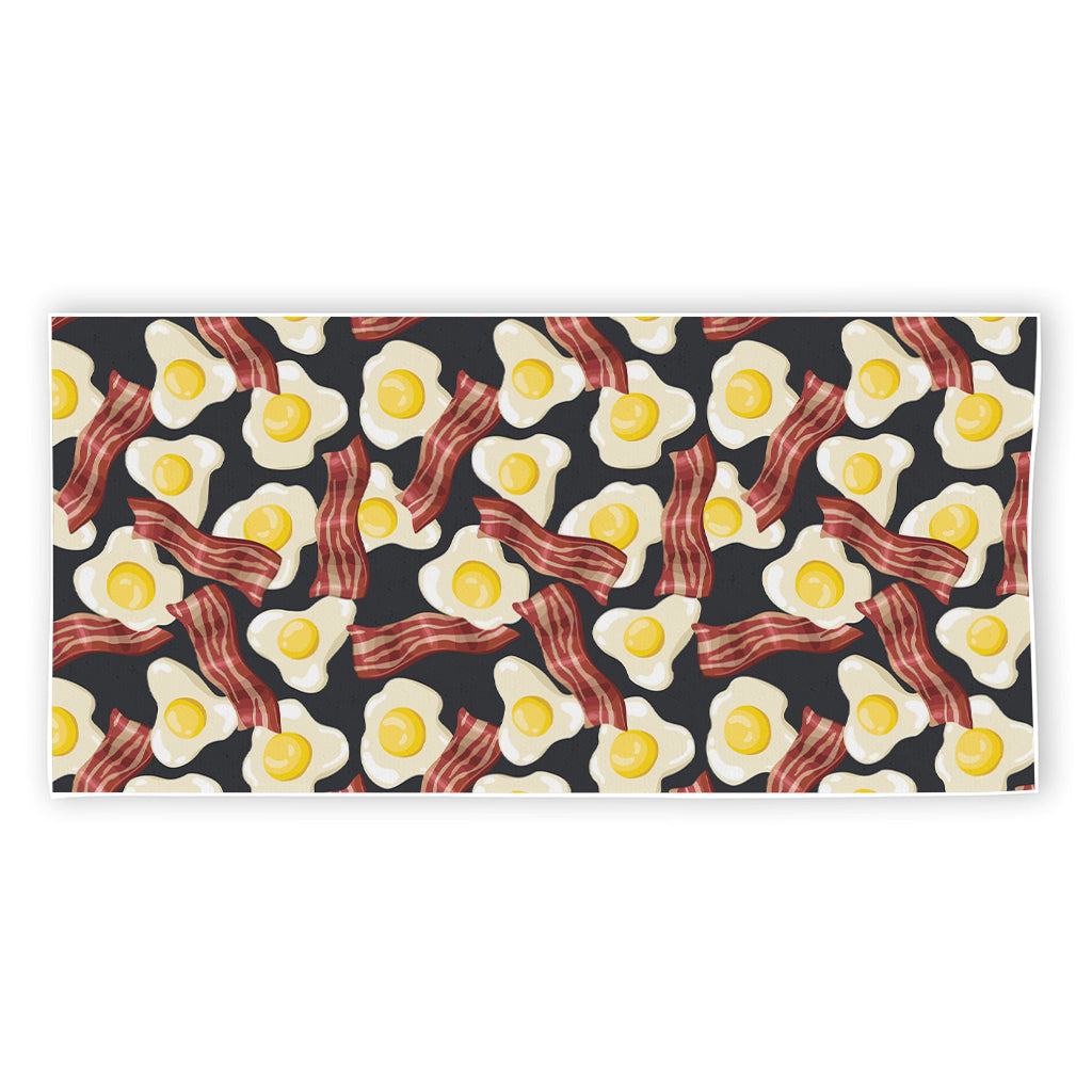 Black Fried Egg And Bacon Pattern Print Beach Towel