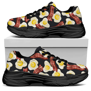 Black Fried Egg And Bacon Pattern Print Black Chunky Shoes