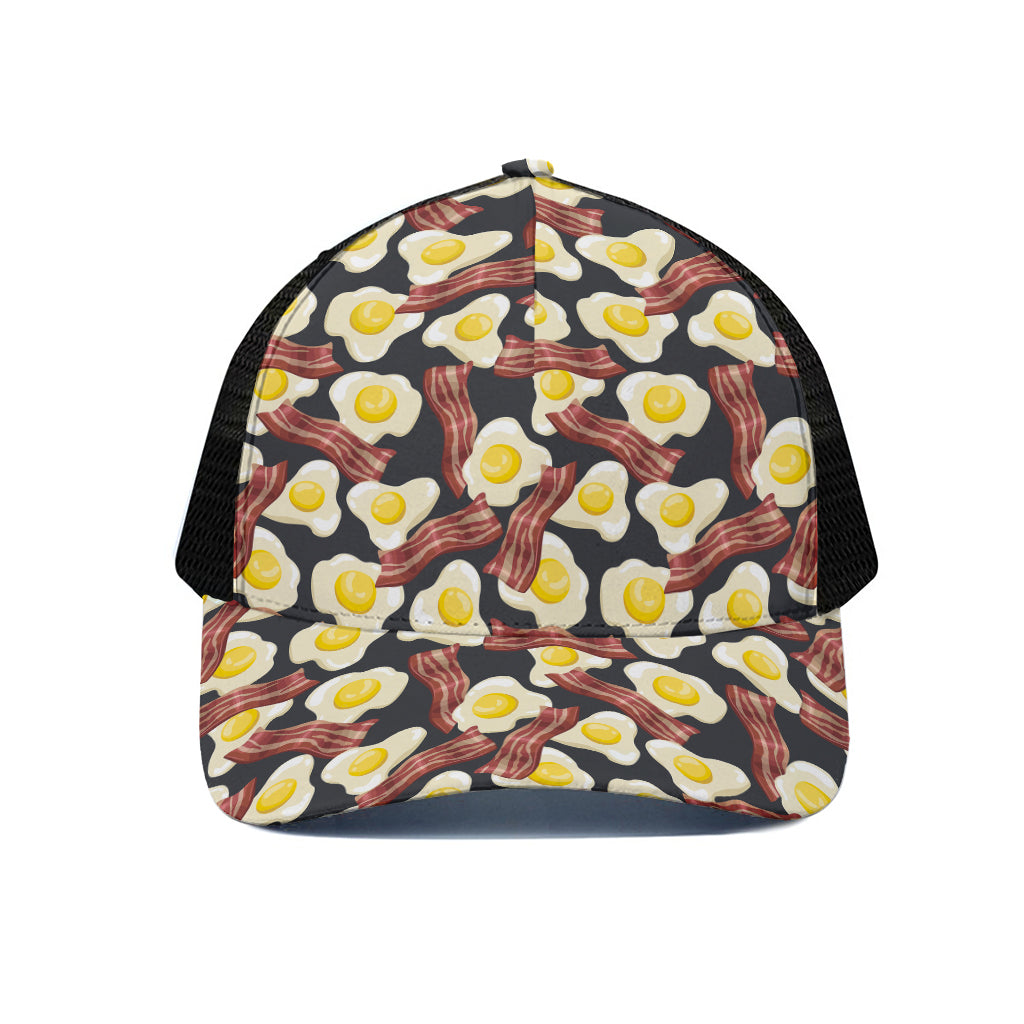 Black Fried Egg And Bacon Pattern Print Black Mesh Trucker Cap