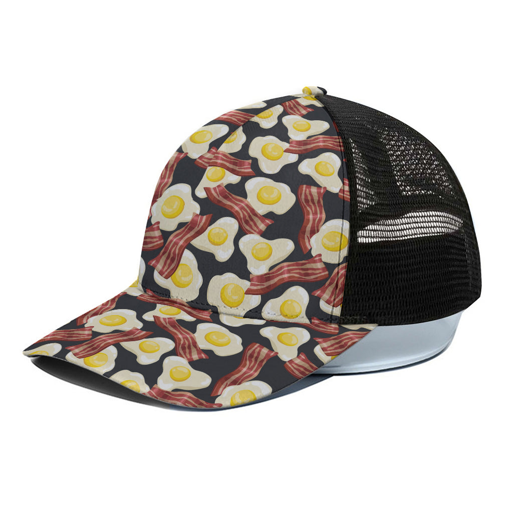 Black Fried Egg And Bacon Pattern Print Black Mesh Trucker Cap