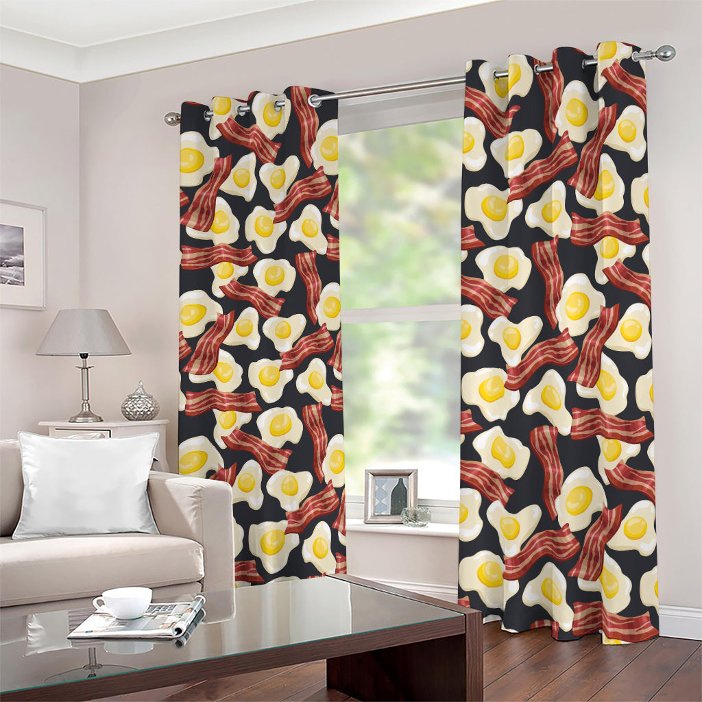 Black Fried Egg And Bacon Pattern Print Blackout Grommet Curtains