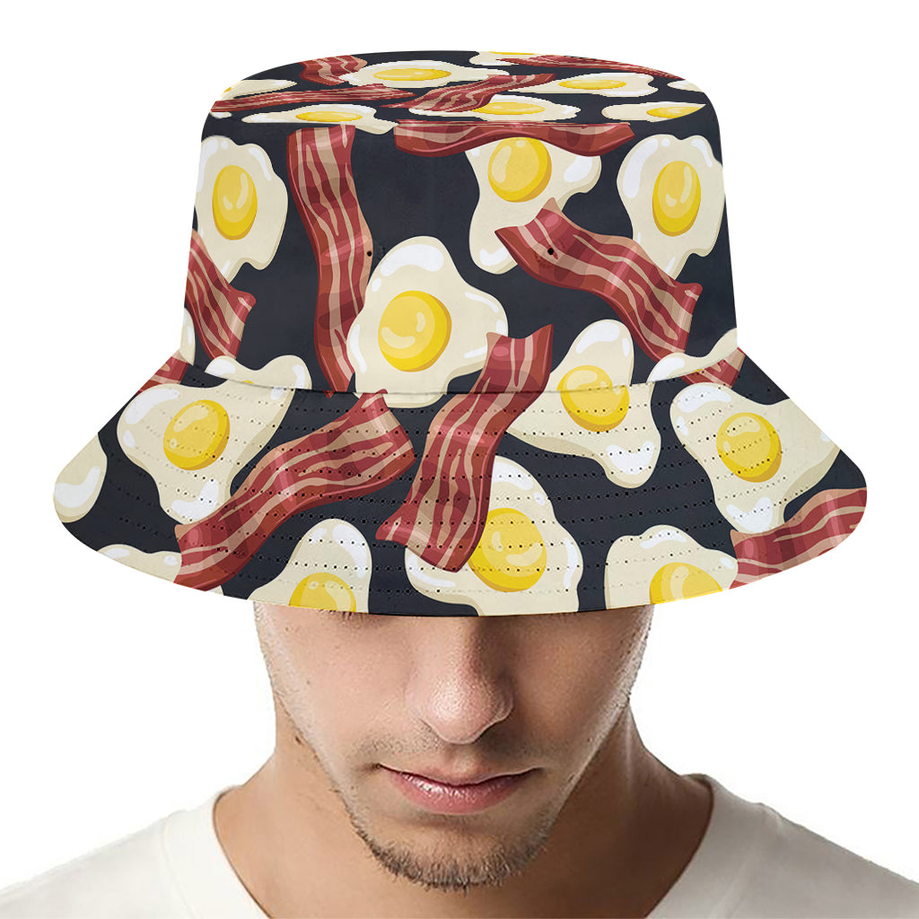 Black Fried Egg And Bacon Pattern Print Bucket Hat