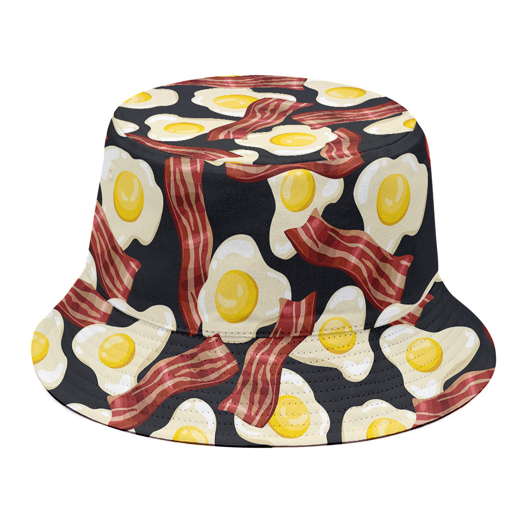 Black Fried Egg And Bacon Pattern Print Bucket Hat