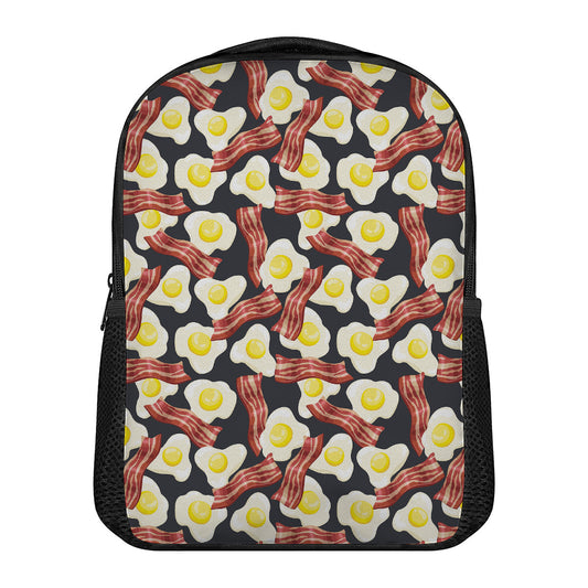 Black Fried Egg And Bacon Pattern Print Casual Backpack