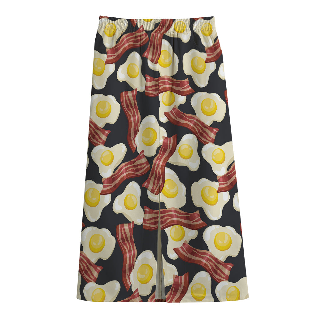 Black Fried Egg And Bacon Pattern Print Cotton Front Slit Maxi Skirt