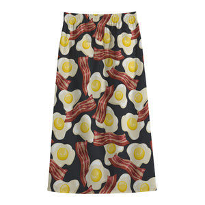 Black Fried Egg And Bacon Pattern Print Cotton Front Slit Maxi Skirt