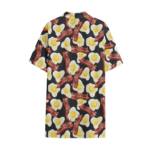 Black Fried Egg And Bacon Pattern Print Cotton Hawaiian Shirt