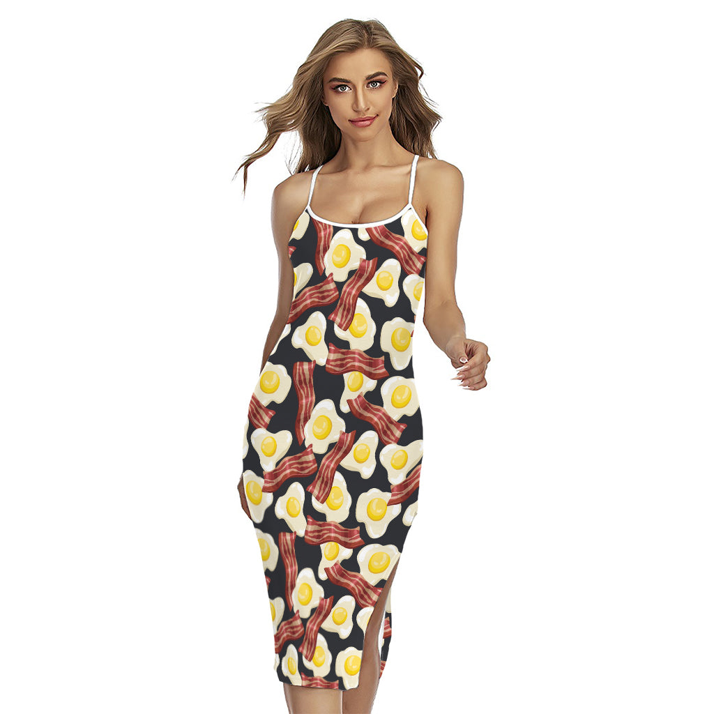 Black Fried Egg And Bacon Pattern Print Cross Back Cami Dress