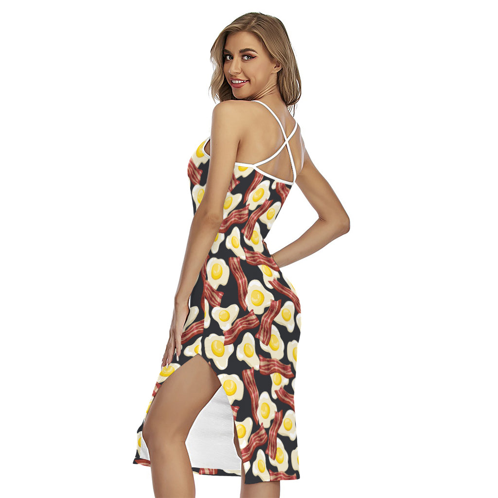 Black Fried Egg And Bacon Pattern Print Cross Back Cami Dress