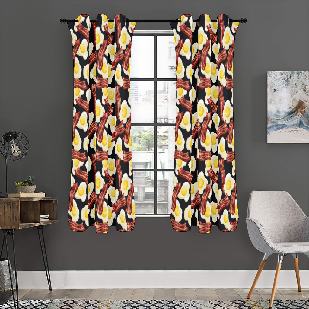 Black Fried Egg And Bacon Pattern Print Curtain