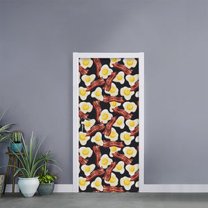 Black Fried Egg And Bacon Pattern Print Door Sticker