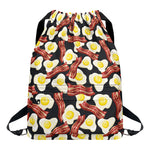Black Fried Egg And Bacon Pattern Print Drawstring Backpack