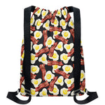 Black Fried Egg And Bacon Pattern Print Drawstring Backpack
