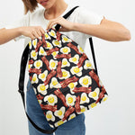Black Fried Egg And Bacon Pattern Print Drawstring Backpack