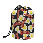 Black Fried Egg And Bacon Pattern Print Drawstring Makeup Bag