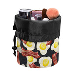 Black Fried Egg And Bacon Pattern Print Drawstring Makeup Bag