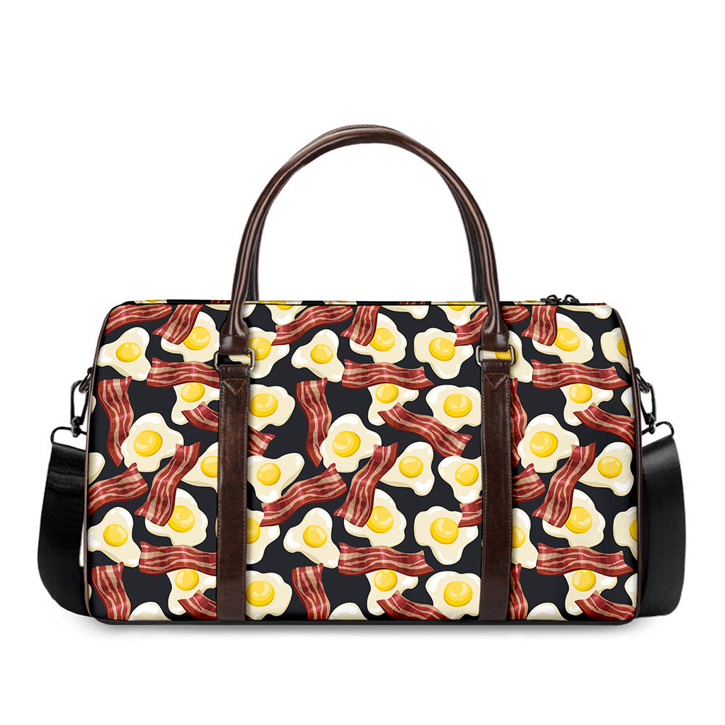 Black Fried Egg And Bacon Pattern Print Duffle Bag