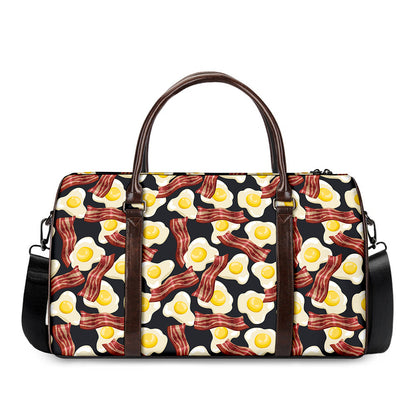 Black Fried Egg And Bacon Pattern Print Duffle Bag