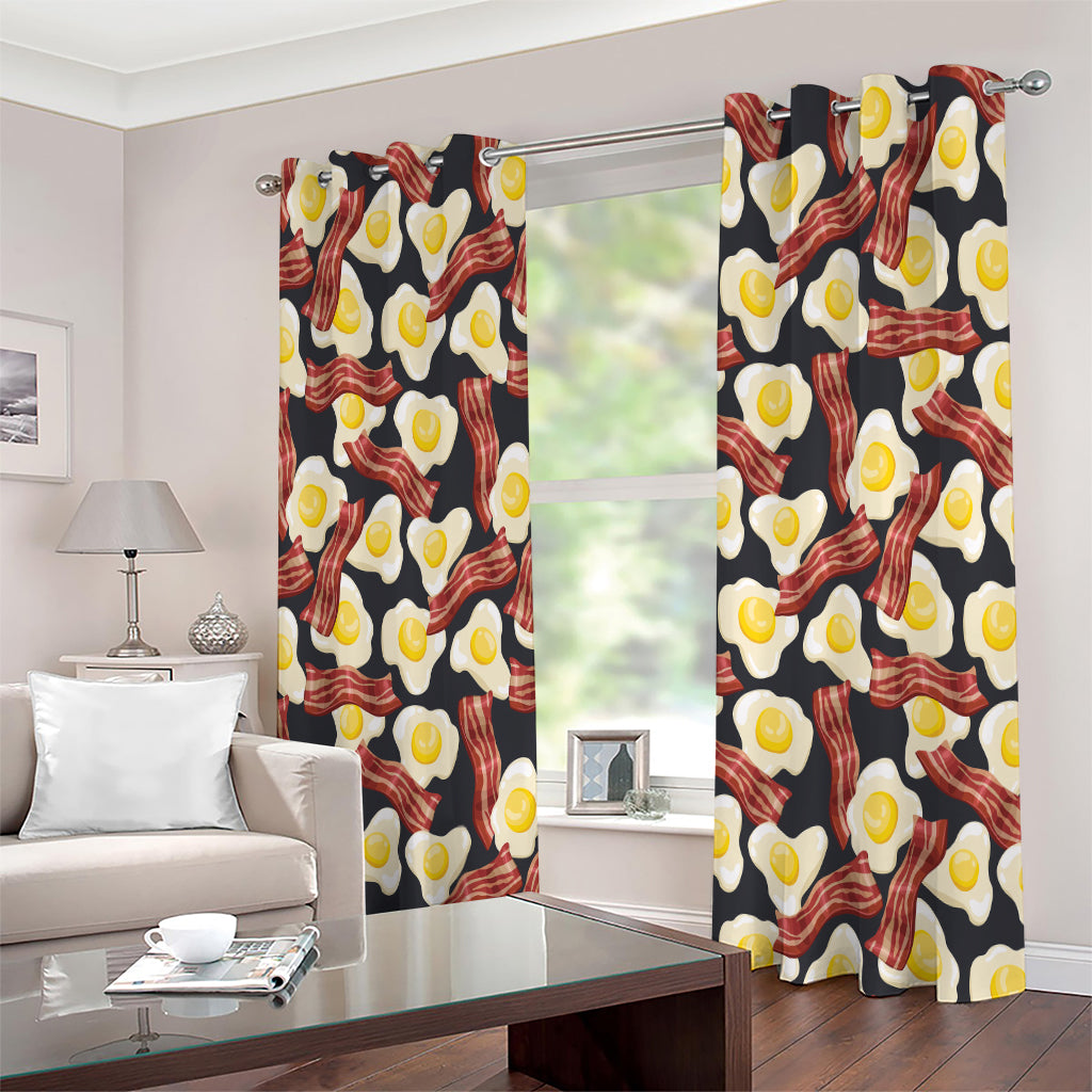 Black Fried Egg And Bacon Pattern Print Extra Wide Grommet Curtains