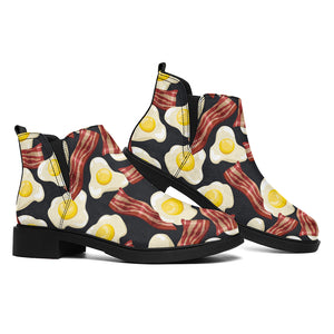 Black Fried Egg And Bacon Pattern Print Flat Ankle Boots