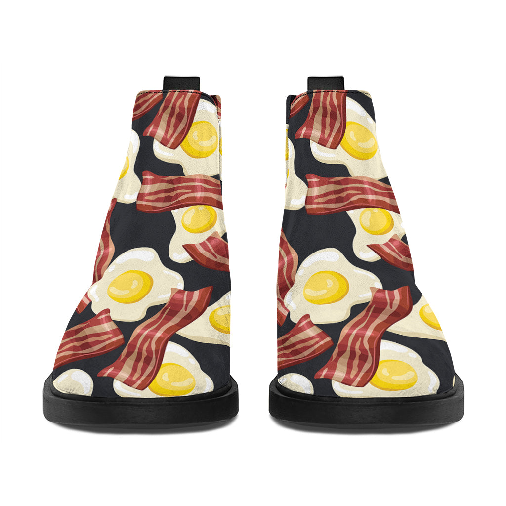 Black Fried Egg And Bacon Pattern Print Flat Ankle Boots