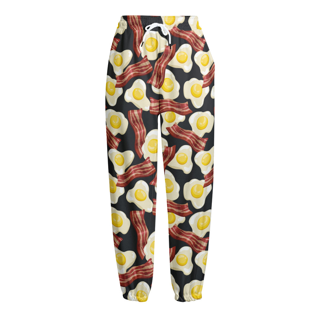 Black Fried Egg And Bacon Pattern Print Fleece Lined Knit Pants