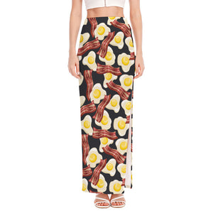 Black Fried Egg And Bacon Pattern Print High Slit Maxi Skirt