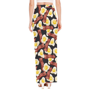 Black Fried Egg And Bacon Pattern Print High Slit Maxi Skirt