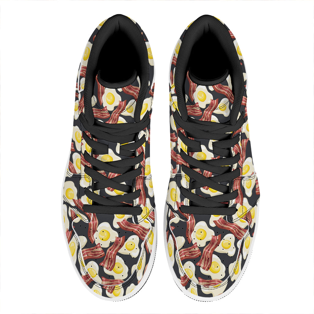 Black Fried Egg And Bacon Pattern Print High Top Leather Sneakers