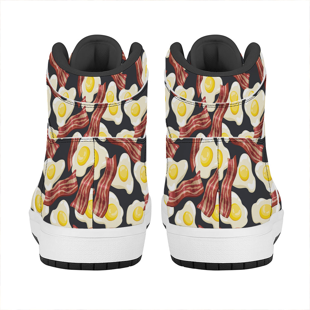 Black Fried Egg And Bacon Pattern Print High Top Leather Sneakers