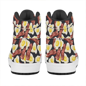 Black Fried Egg And Bacon Pattern Print High Top Leather Sneakers